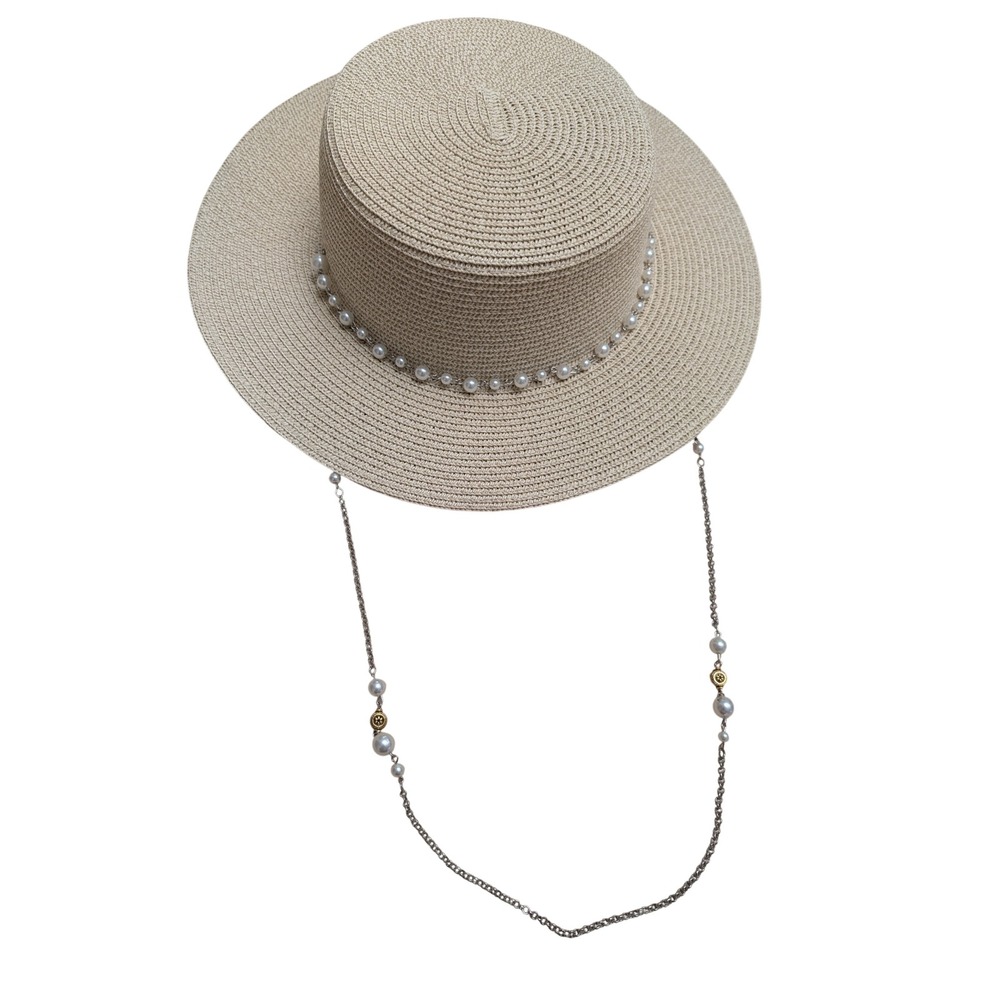 Beige Paper Straw Boater Hat Pearl Trim Chain Strap Summer Beach Bridal Boho